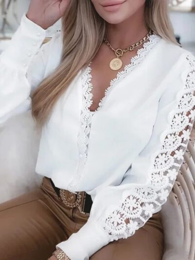 Chemisier dentelle blanc vintage manches longues