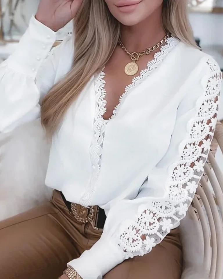 Chemisier dentelle blanc vintage manches longues