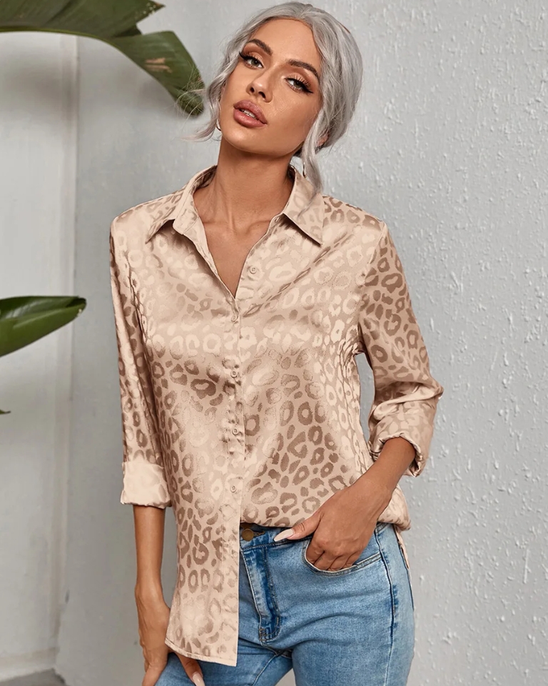 Chemisier léopard satin manches longues vintage