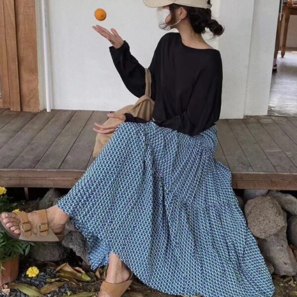 Jupe longue plissée taille haute élégante rétro