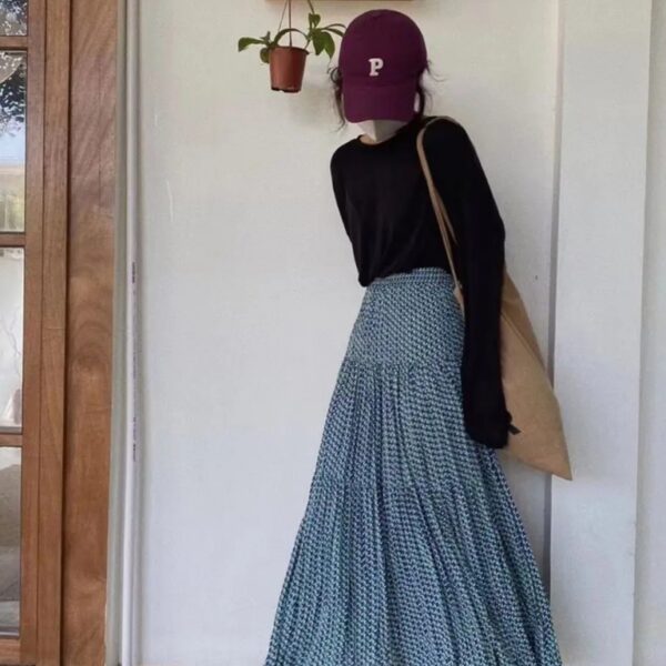 Jupe longue plissée taille haute élégante rétro