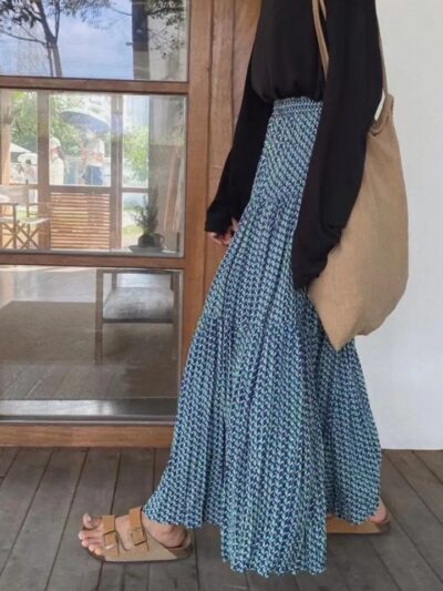 Jupe longue plissée taille haute élégante rétro