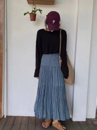 Jupe longue plissée taille haute élégante rétro