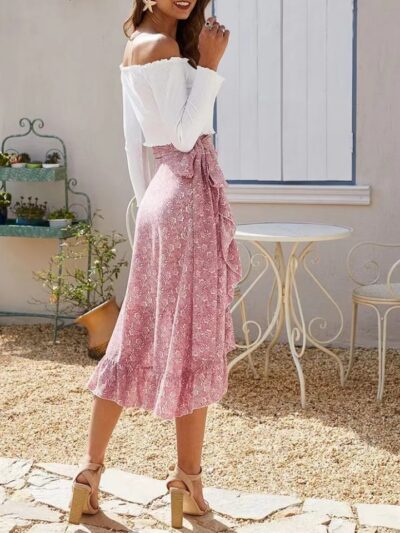 Jupe midi florale femme volants irréguliers