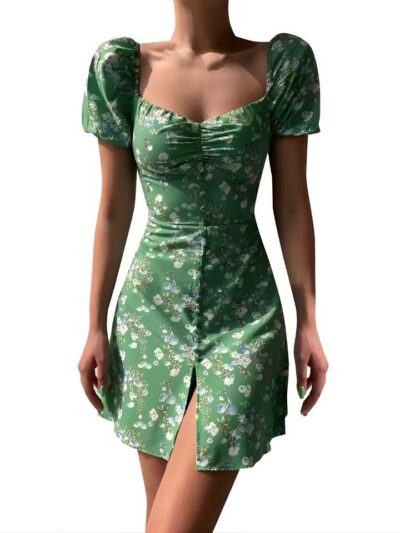 Robe courte dentelle manches bouffantes élégante