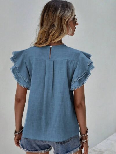 Tee-shirt femme manches volants broderie col rond